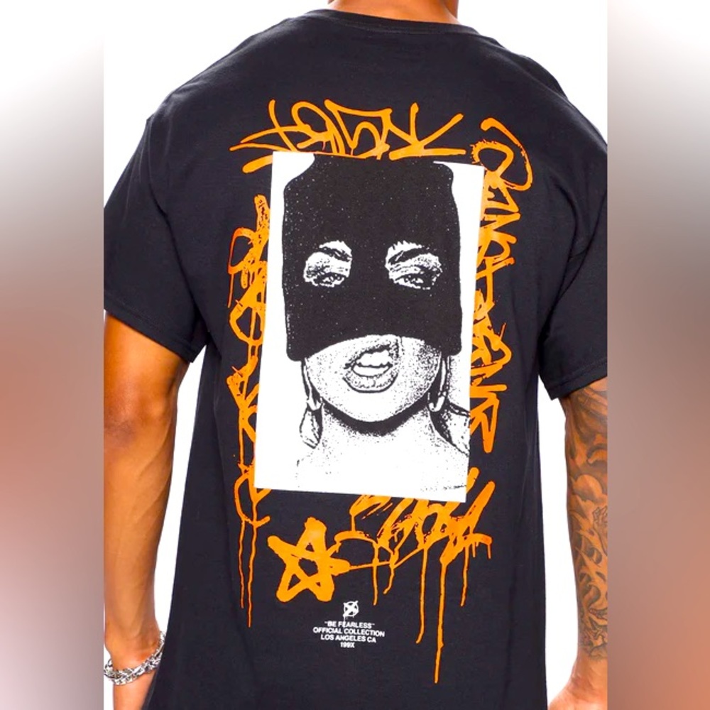 Black Graphic T-Shirt - Girl Masked - Sz Large